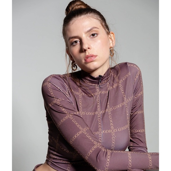 Brown Logo Print Fitted Mesh Top Y2K Vibes - Size S - Picture 2 of 4